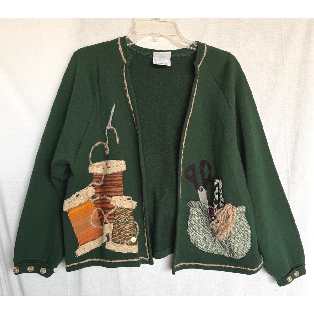 Handmade Grandma Cottagecore Cardigan Jacket Green Sewing Applique Novelty Large